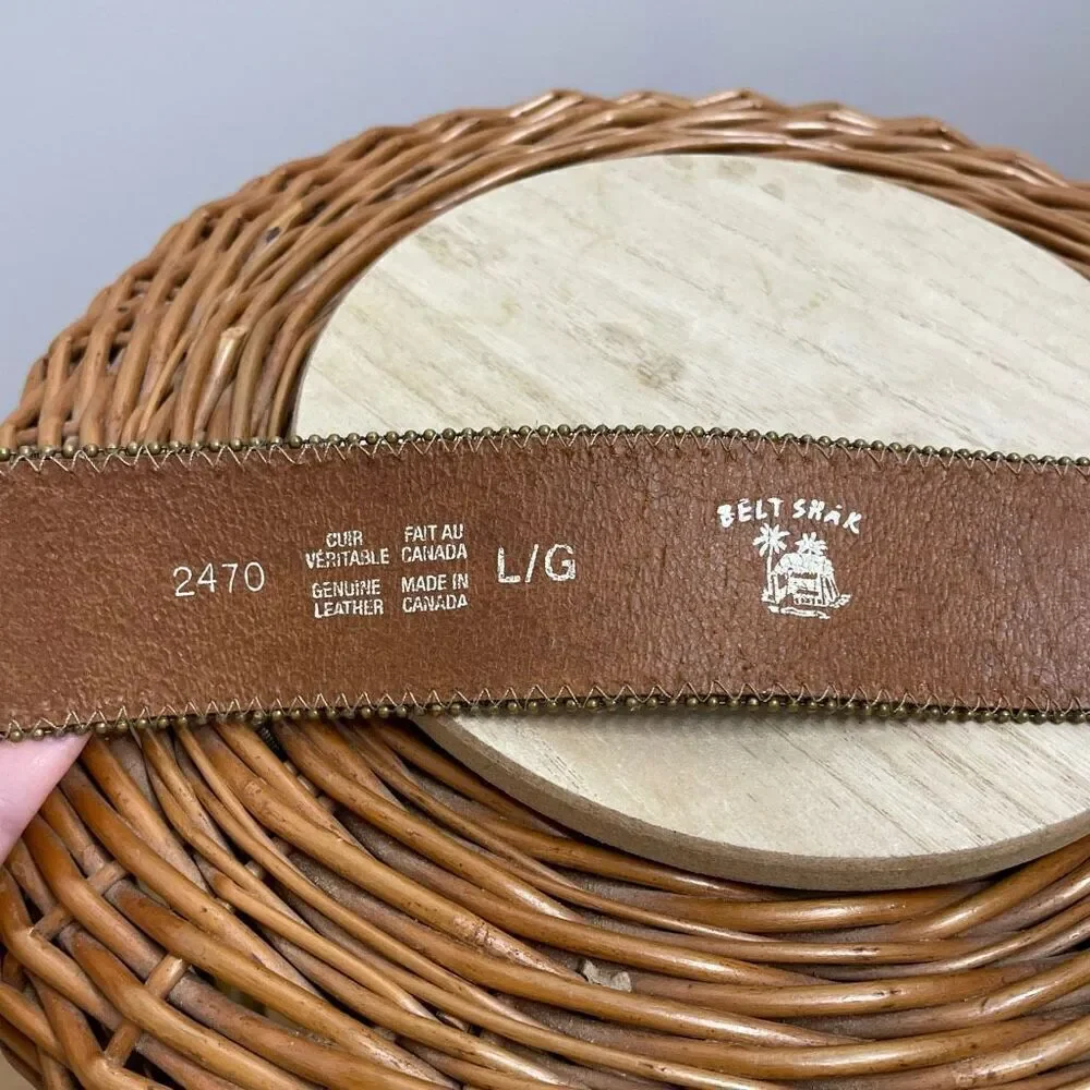 Belt Shak Leather Belt Large L Tooled Flower Buckle Brown Made in Canada #2470